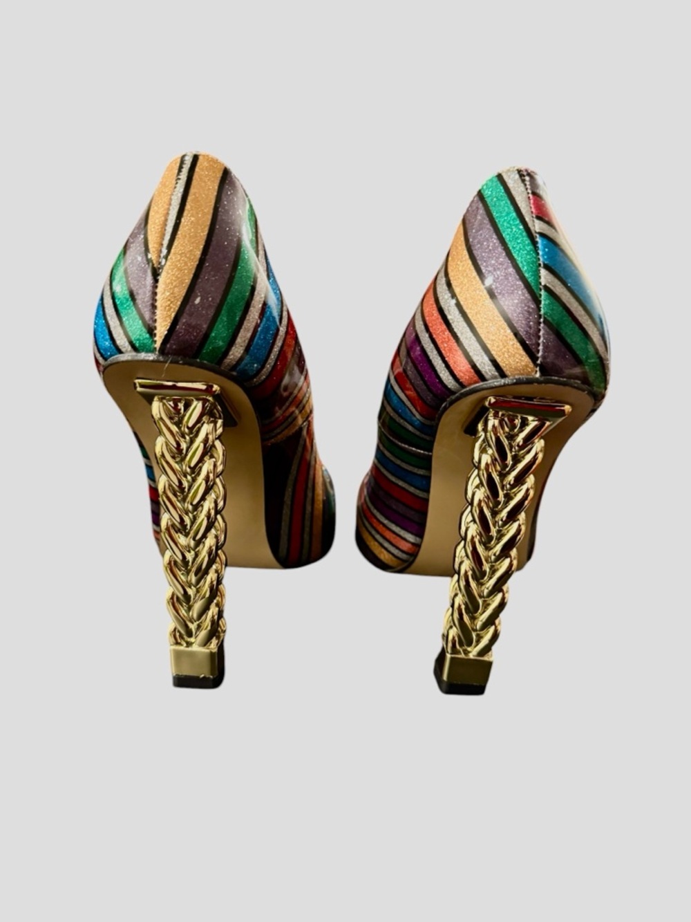 FSJ Rainbow Glitter Stripes Pumps with Gold Sculptural Heel - Picture 7 of 9